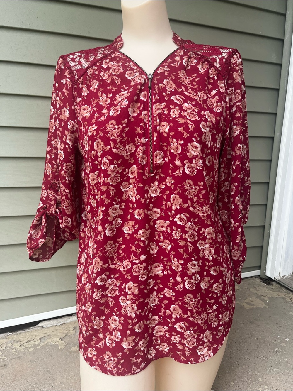 Maurices Burgundy Floral Zip-Front Lace Yoke Blouse
